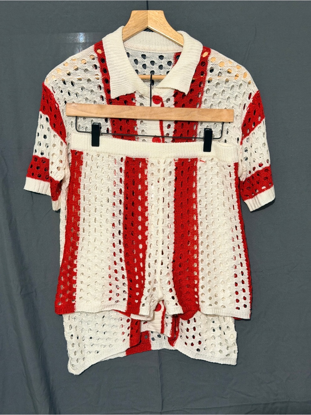 Amazon Red and Cream Striped Open-Knit Polo Set